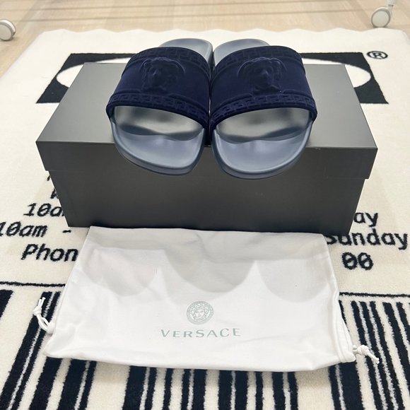 Versace Medusa Head Logo Nubuck Suede Navy Pool Slides - Picture 3 of 11